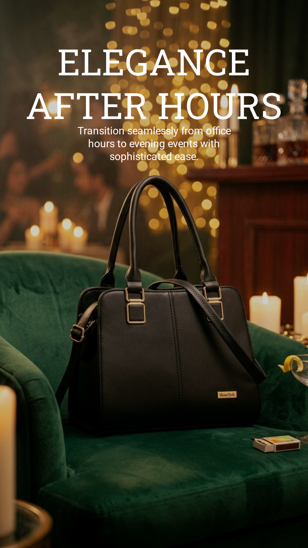 Black leather bag on emerald velvet chair in evening lounge